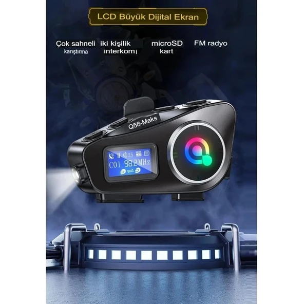 Q58-MAX Radyolu 2 Kişi Bağlantılı Bluetooth Kask Kulaklık Ekranlı Fenerli Müzik ve Telsiz Intercom - 3