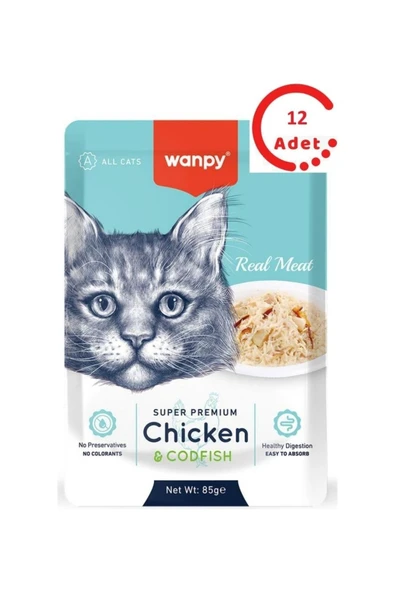 Wanpy Pouch Tavuklu & Morina Balıklı Yaş Kedi Maması 85 gr 12 Adet