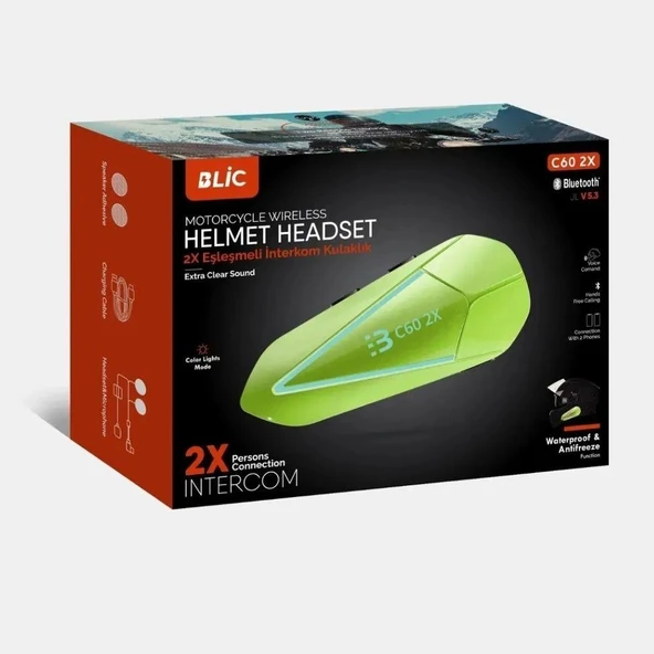 Kask Intercom 5.3 Işıklı Motosiklet Kask Kulaklığı C60 Yeşil  Yüksek Ses Kalitesi, Güvenli Sürüş