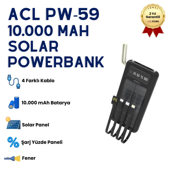 10.000mAh Dijital Göstergeli Taşınabilir 22.5W Hızlı Şarjlı Dahili Kablolu Solar Panelli Powerbank Kamp Uyumlu Asma Aparatlı Powerbank ürün görseli 1
