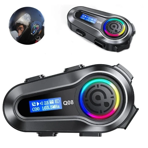 Q08 5.3 Uyumlu Motosiklet Kask Kulaklık Intercom Işıklı Motorsiklet Interkom
