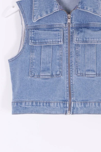 Kolsuz Kısa Boy Cepli ve Astarsız Fermuar Kapamalı Kadın Kot Yelek (1 Parça) Açık Mavi Dört Mevsim