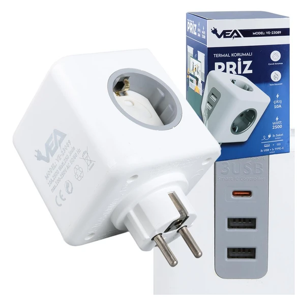VEA VE-23089 2x USB 1x Type-C 3'lü Çocuk Ve Termal Korumalı Grup Priz