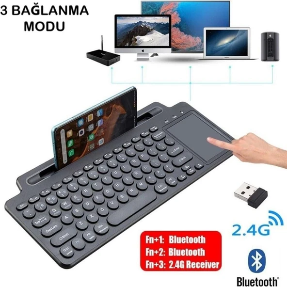 Standlı Bluetooth Klavye Kalemli, Tablet ve Telefon Uyumlu Kablosuz Touchpadli Klavye