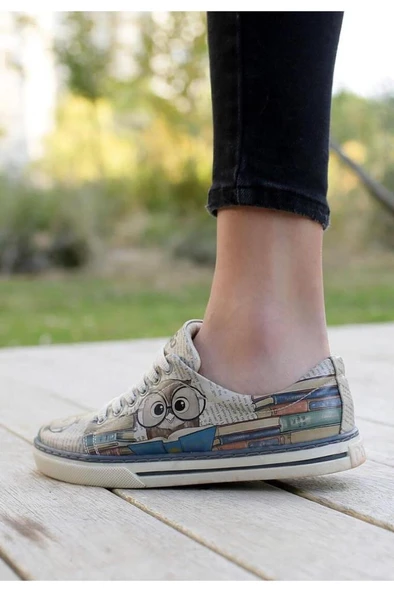 Kadın Vegan Deri Bej Sneakers - The Wise Owl Tasarım