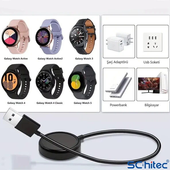 ScHitec Samsung Watch 4/Watch 5/ Watch 6 Uyumlu UsbA Çıkışlı Fast Wireless Charge Hızlı Kablosuz Akıllı Saat Şarj Cihazı - 5