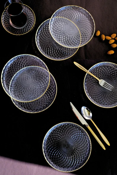 TABAK EVİ Altın Yaldız Cam Pasta Tabağı 16cm 6 lı 2492 - Resim 4