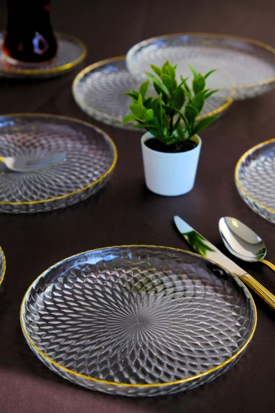 TABAK EVİ Altın Yaldız Cam Pasta Tabağı 16cm 6 lı 2492 ürün görseli