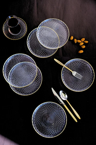 TABAK EVİ Altın Yaldız Cam Pasta Tabağı 16cm 6 lı 2492 - Resim 6
