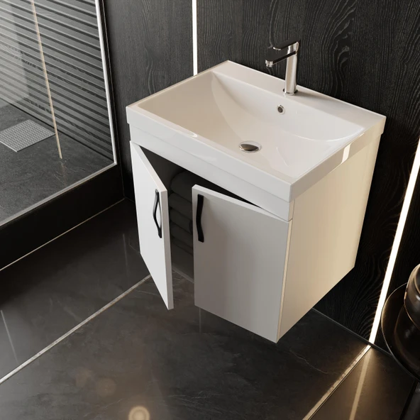 Karen Banyo Ege 60 Cm, Lavabolu Alt Banyo Dolabı, Kapaklı Banyo Alt Dolabı, Seramik Lavabo Dahil - 2