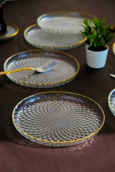 TABAK EVİ Altın Yaldız Cam Pasta Tabağı 16cm 6 lı 2492 - Resim 2