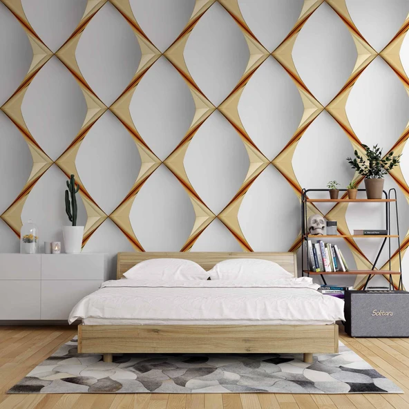 3D Beyaz Altın Panel Duvar Kağıdı Baskı - Resim 2