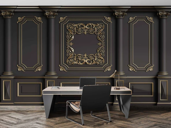 3D Siyah Sütun ve Panel Altın Motif Kağıdı Baskı - 4