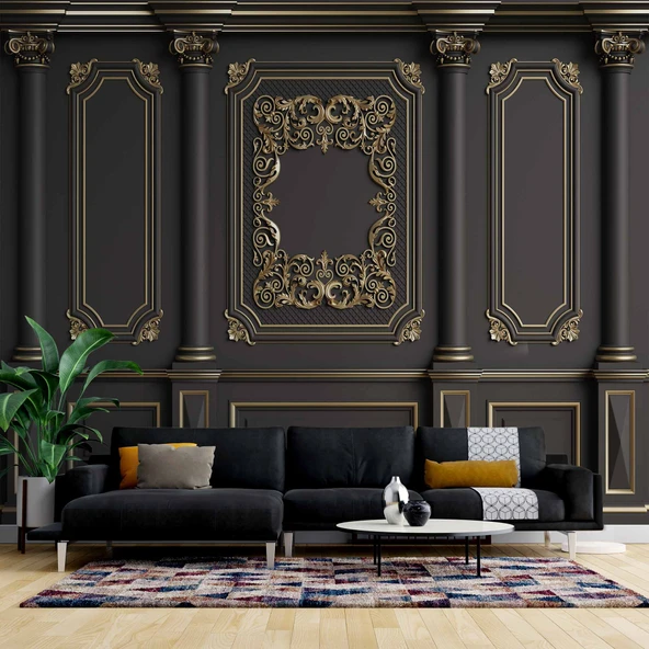 3D Siyah Sütun ve Panel Altın Motif Kağıdı Baskı