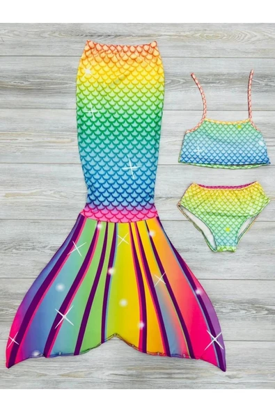 Kız Çocuk Denizkızı Kostümlü Mayo Takımı (Alt+Üst+Kostüm) 3-12 Yaş 12215 - 7
