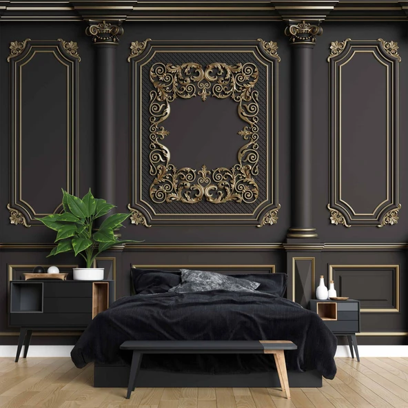 3D Siyah Sütun ve Panel Altın Motif Kağıdı Baskı - 2