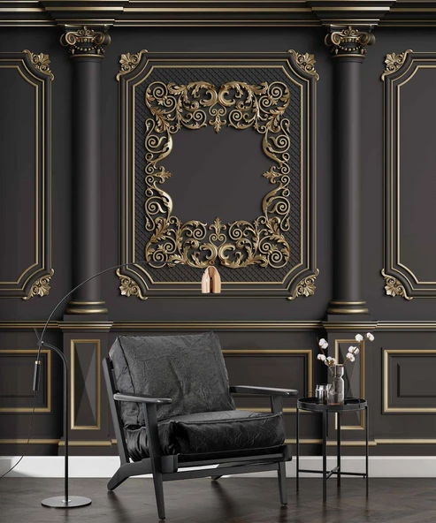 3D Siyah Sütun ve Panel Altın Motif Kağıdı Baskı - 6