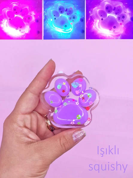 Işıklı Şeffaf Pati Squishy Pullu Yumuşacık 6 cm Pati Sukuşi - Mor