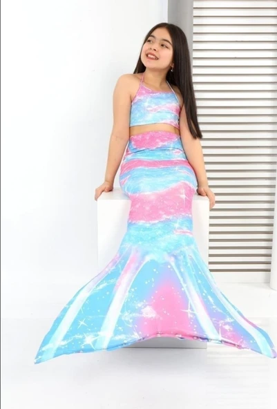 Kız Çocuk Denizkızı Kostümlü Mayo Takımı (Alt+Üst+Kostüm) 3-12 Yaş 12215