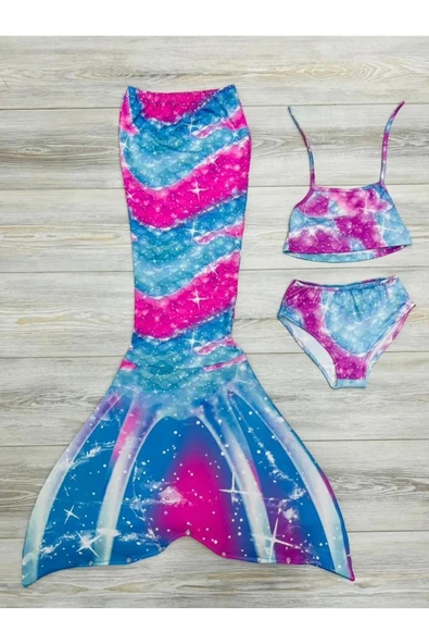 Kız Çocuk Denizkızı Kostümlü Mayo Takımı (Alt+Üst+Kostüm) 3-12 Yaş 12215 - Resim 7