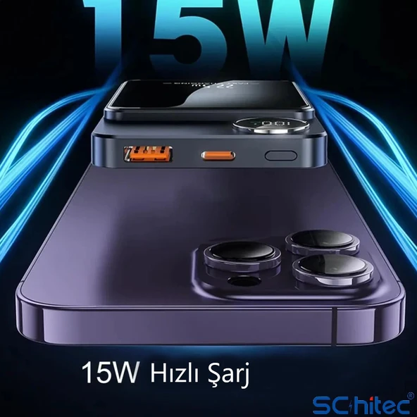 ScHitec 22.5W Magsafe Kablosuz ve Dijital Ekranlı 10000mAH Powerbank Siyah - 6