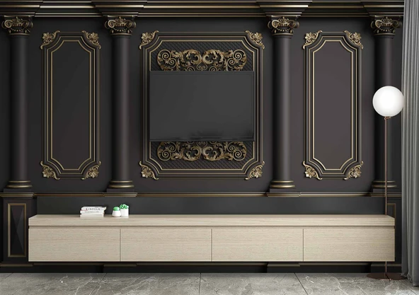 3D Siyah Sütun ve Panel Altın Motif Kağıdı Baskı - 3