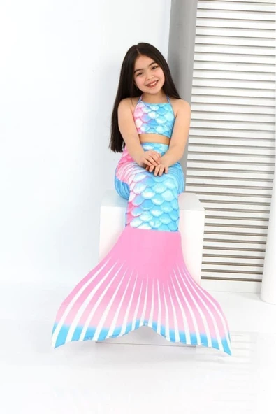 Kız Çocuk Denizkızı Kostümlü Mayo Takımı (Alt+Üst+Kostüm) 3-12 Yaş 12215 - 3