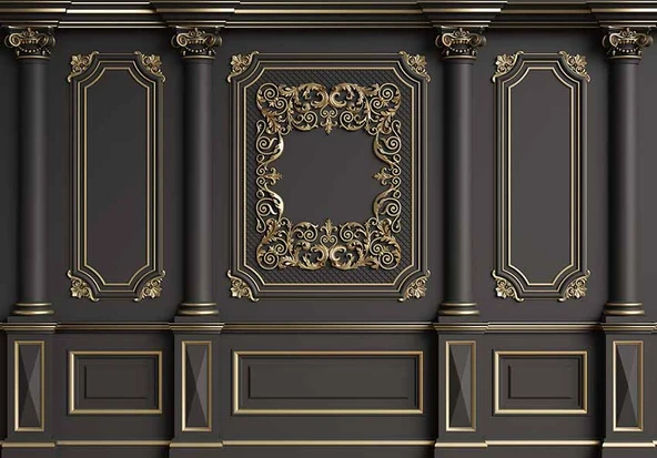3D Siyah Sütun ve Panel Altın Motif Kağıdı Baskı - 7
