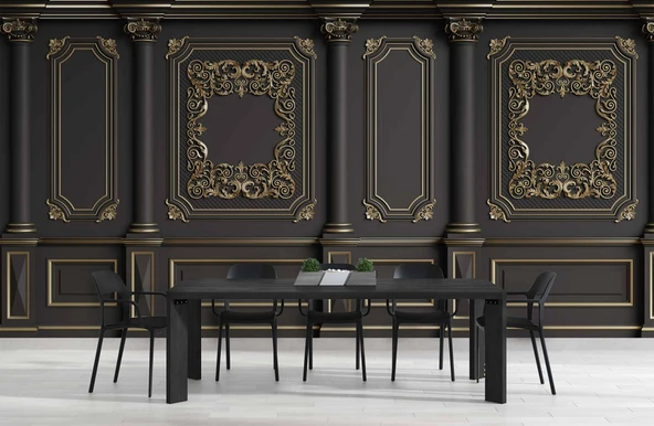 3D Siyah Sütun ve Panel Altın Motif Kağıdı Baskı - 5