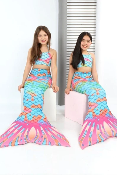 Kız Çocuk Denizkızı Kostümlü Mayo Takımı (Alt+Üst+Kostüm) 3-12 Yaş 12215 - 5