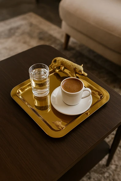 Tek Kişilik Altın Kare Kaplanlı Kahve Tepsisi ürün görseli