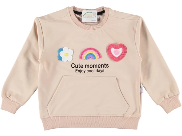 GÖKKUŞAĞI NAKIŞLI KANGURU CEPLİ KIZ SWEATSHIRT - 1
