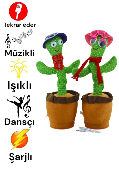 2 Li Set Dans Eden Ses Tekrar Eden Müzikli Işıklı Şarjlı Peluş Kaktüs Oyuncak No:7K