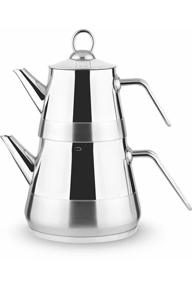Piramit Paslanmaz Çelik Çaydanlık Takımı Aile Boy Metal Kulp 3059 - 2