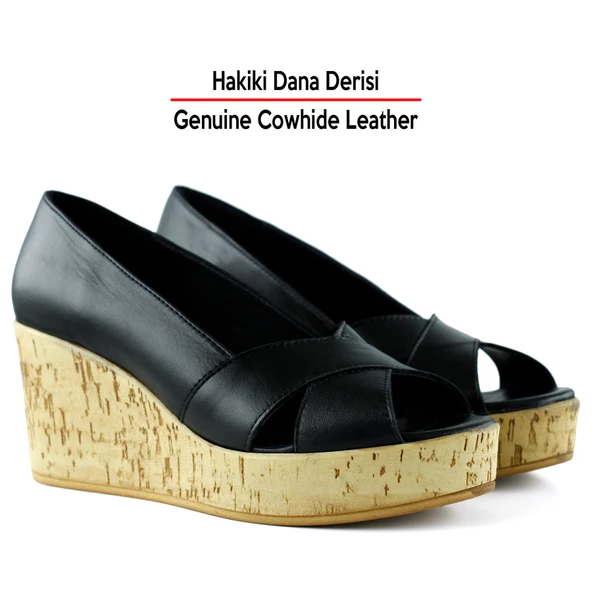 Erkan Saçmacı Astrid Siyah Hakiki Deri Çapraz Bantlı Mantar Taban Görünümlü Dolgu Topuklu Sandalet - 4