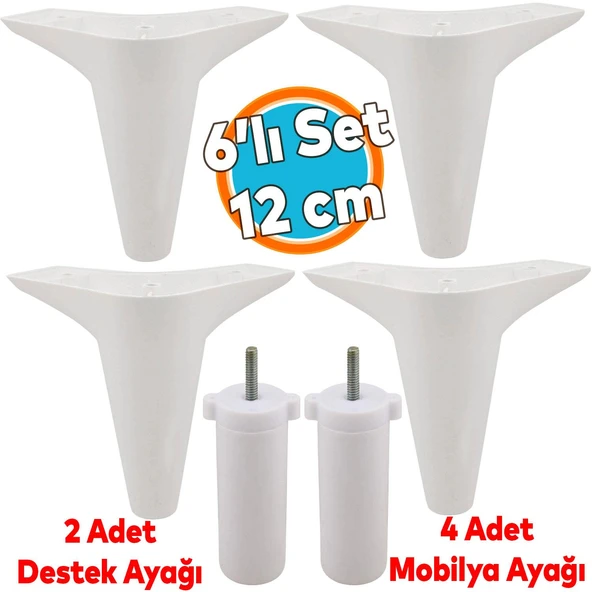 Mobilya Tv Ünitesi Çekyat Koltuk Kanepe Baza Destek Ayağı Ayakları 12 Cm Beyaz M8 6'lı Set ürün görseli