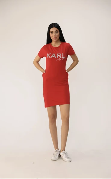 Kadın Kısa Kollu Taş Baskılı Elbise 9771 - 10