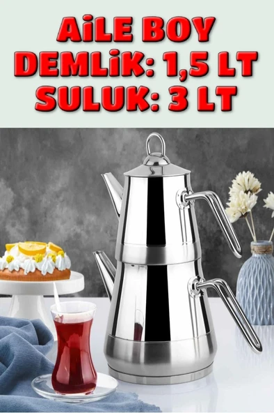 Piramit Paslanmaz Çelik Çaydanlık Takımı Aile Boy Metal Kulp 3059