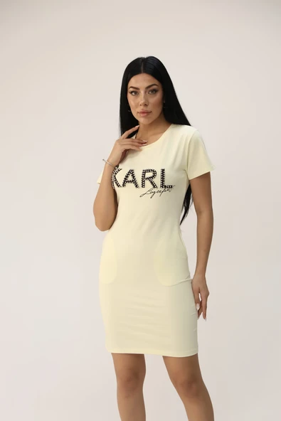 Kadın Kısa Kollu Taş Baskılı Elbise 9771 - 6