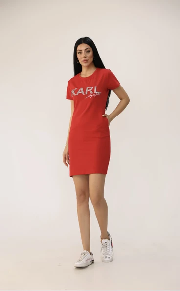 Kadın Kısa Kollu Taş Baskılı Elbise 9771 - 11