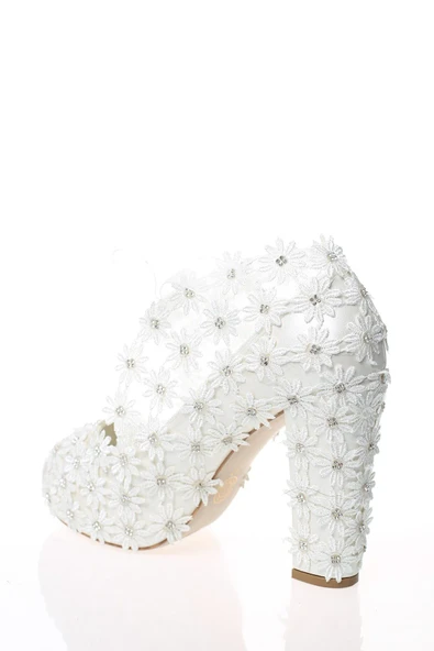 Kadın Beyaz Sedef Inci Taş Işlemeli Gelin Ayakkabı - 4