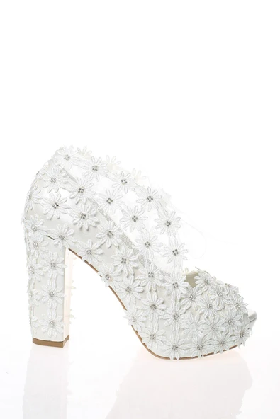 Kadın Beyaz Sedef Inci Taş Işlemeli Gelin Ayakkabı - 2