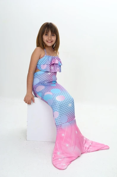 Kız Çocuk Denizkızı Kostümlü 3'lü Mayo Takımı (Alt+Üst+Kostüm) 3-12 Yaş 12217 - 5