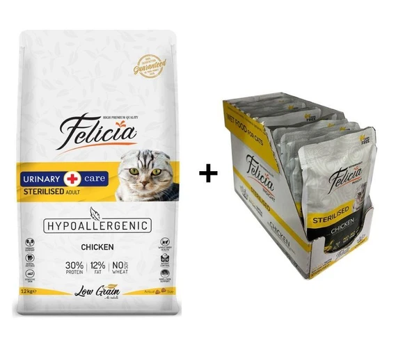 Felicia Tavuklu Kısırlaştırılmış Yetişkin Kedi Maması 12 Kg + 12 Adet Felicia Tavkulu Kısır Yaş Mama 85 Gr