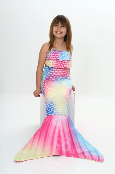 Kız Çocuk Denizkızı Kostümlü 3'lü Mayo Takımı (Alt+Üst+Kostüm) 3-12 Yaş 12217