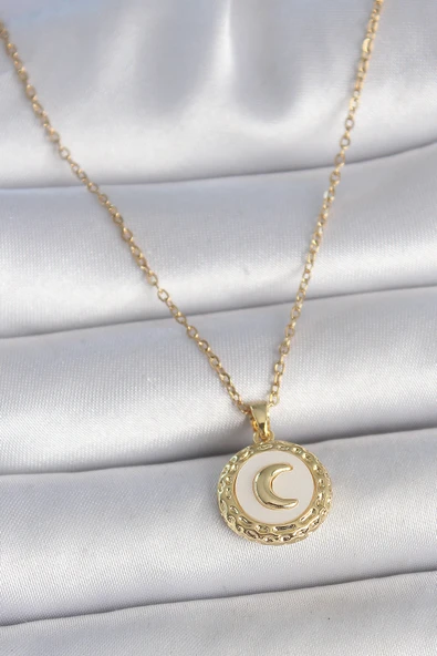 316L Çelik Gold Renk Zincir Beyaz Mineli Hilal İşlemeli Madalyon Model Kadın Kolye - TJ-BKO10035