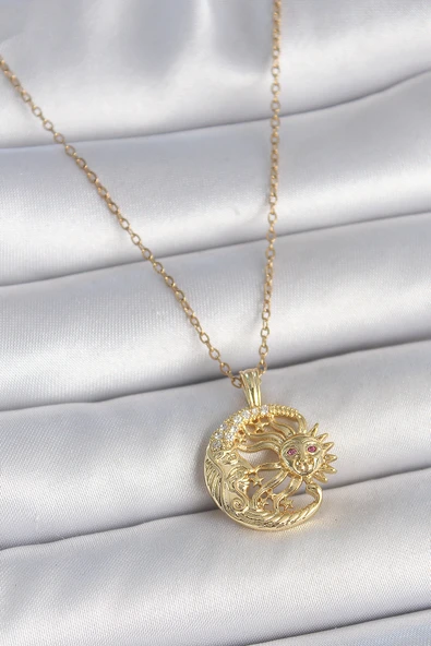 316L Çelik Gold Renk Zincir Ay Güneş Model Zirkon Taş Detaylı Kadın Kolye - TJ-BKO10057