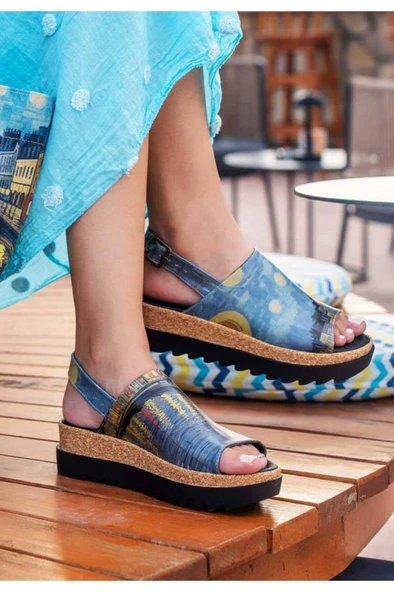 Kadın Vegan Deri Çok Renkli Kalın Taban Sandalet - Sea Sparkle Tasarım