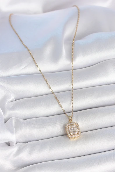 316L Çelik Gold Renk Zincir Kare Zirkon Taş Model Kadın Kolye - TJ-BKO10059 - 2