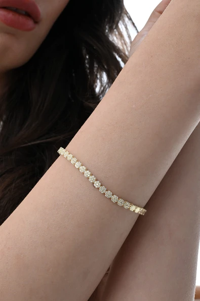 Gümüş altın yaldızlı zirkon taşlı modern görünümlü çiçek zinciri bileklik SGTL12850GOLD - Resim 2